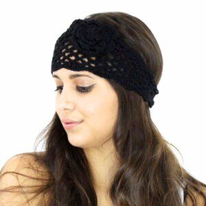 VERY MODA Black Knit Crocheted Flower Headband One Size NWT